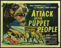 2o008 ATTACK OF THE PUPPET PEOPLE 1/2sh '58 cool art of tiny people with steak knife attacking dog!
