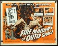 2o029 FIRE MAIDENS OF OUTER SPACE half-sheet '56 great art of monster holding sexy babe by Kallis!
