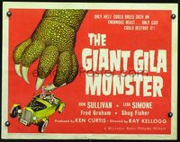2o031 GIANT GILA MONSTER 1/2sheet '59 classic art of giant monster hand grabbing teens in hot rod!