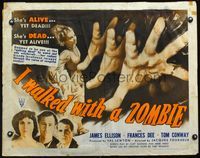 2o043 I WALKED WITH A ZOMBIE half-sheet R52 Val Lewton, Jacques Tourneur, cool reaching hands art!