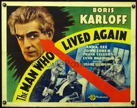 2o050 MAN WHO LIVED AGAIN half-sheet poster '36 huge headshot of Boris Karloff, cool clock design!