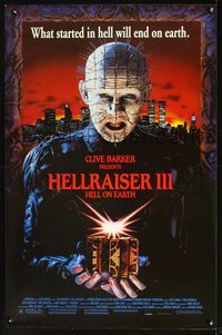 2o856 HELLRAISER III one-sheet '92 Clive Barker, great close up image of Pinhead holding cube!
