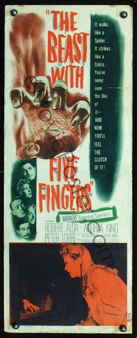 2o098 BEAST WITH FIVE FINGERS insert movie poster '47 Peter Lorre, cool reaching hand artwork!