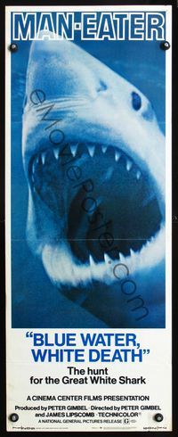 2o110 BLUE WATER, WHITE DEATH insert '71 super close image of great white shark with open mouth!