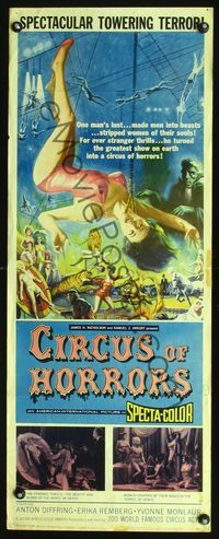 2o117 CIRCUS OF HORRORS insert poster '60 outrageous horror art of sexy trapeze girl strangled!