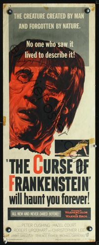 2o122 CURSE OF FRANKENSTEIN insert movie poster '57 Peter Cushing, cool close up monster artwork!