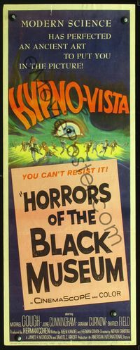 2o160 HORRORS OF THE BLACK MUSEUM insert '59 cool art of many people running from giant eyeball!