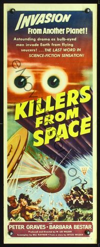 2o175 KILLERS FROM SPACE insert poster '54 bulb-eyed men invade Earth from flying saucers, cool art!