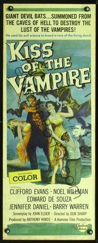 2o176 KISS OF THE VAMPIRE insert '63 Hammer, cool art of devil bats attacking by Joseph Smith!