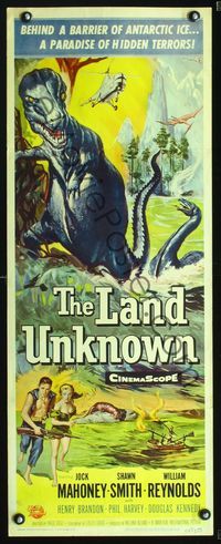 2o180 LAND UNKNOWN insert poster '57 a paradise of hidden terrors, great art of massive dinosaurs!