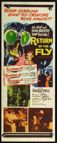 2o225 RETURN OF THE FLY insert '59 Vincent Price, cool monster art, more horrific than before!