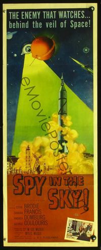 2o235 SPY IN THE SKY insert poster '58 secret agents of the satellite era, cool rocket launch art!
