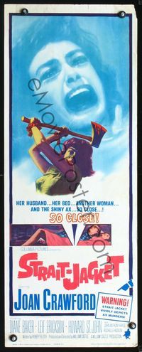2o241 STRAIT-JACKET insert movie poster '64 art of crazy ax murderer Joan Crawford, William Castle