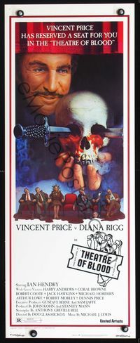 2o247 THEATRE OF BLOOD insert movie poster '73 great image of Vincent Price holding bloody skull!