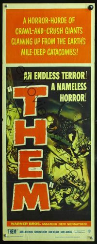 2o248 THEM insert '54 classic sci-fi, cool art of horror horde of giant bugs terrorizing city!