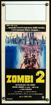 2o531 ZOMBI 2 Italian locandina '79 Lucio Fulci, cool art of zombie horde heading to New York City!