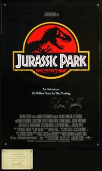 2o864 JURASSIC PARK signed one-sheet movie poster '93 by Steven Spielberg, man re-creates dinosaurs!