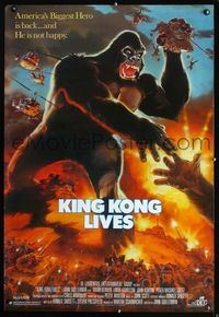 2o865 KING KONG LIVES one-sheet movie poster '86 great artwork of huge unhappy ape attacked by army!