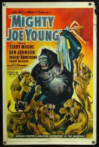 2o880 MIGHTY JOE YOUNG Style C one-sheet '49 classic art of lions attacking ape holding Terry Moore!