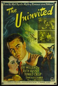 2o950 UNINVITED style A one-sheet '44 Ray Milland, Ruth Hussey, introducing Gail Russell, cool art!