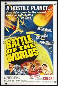 2p007 BATTLE OF THE WORLDS linen 1sheet '61 cool sci-fi, flying saucers from a hostile enemy planet!