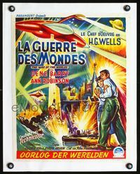2p045 WAR OF THE WORLDS linen Belgian poster '53 wonderful different art of spaceships attacking!