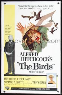 2p008 BIRDS linen one-sheet '63 Alfred Hitchcock shown, art of Tippi Hedren attacked by birds!