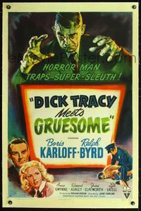 2p010 DICK TRACY MEETS GRUESOME linen 1sheet '47 great artwork of Boris Karloff looming over title!