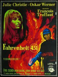 2p039 FAHRENHEIT 451 linen French 1p '67 Francois Truffaut, Julie Christie, art by Guy Gerard Noel!