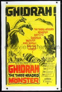 2p014 GHIDRAH THE THREE HEADED MONSTER linen 1sh '65 Toho, he battles Godzilla, Mothra, and Rodan!