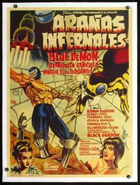 2p050 ARANAS INFERNALES linen Mexican poster '68 cool art of masked wrestler in giant spider's web!