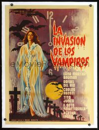 2p055 INVASION OF THE VAMPIRES linen Mexican poster '63 sexy vampire in see-through robe by Mendoza!