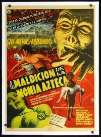 2p056 LA MALDICION DE LA MOMIA AZTECA linen Mexican poster '57 art of Aztec mummy & masked wrestler!
