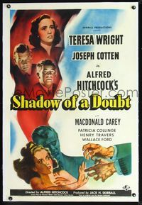 2p026 SHADOW OF A DOUBT linen style D 1sh '43 Alfred Hitchcock, Wright & Cotten, cool strangler art!