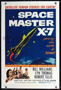 2p028 SPACE MASTER X-7 linen one-sheet '58 satellite terror strikes the Earth, cool rocket ship art!