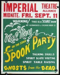 2p060 MID-NITE SPOOK PARTY Spook Show jumbo window card '36 talking skulls, ghosts from the dead!