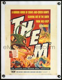 2p035 THEM linen WC '54 classic sci-fi, cool art of horror horde of giant bugs terrorizing people!