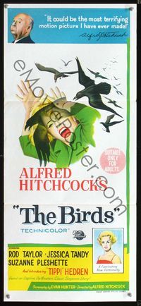 2q118 BIRDS Australian daybill '63 Alfred Hitchcock shown, art of Tippi Hedren attacked by birds!
