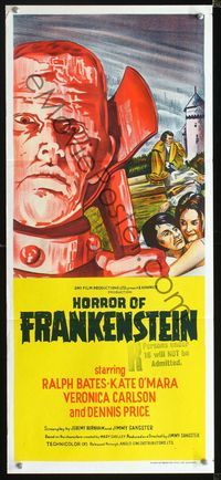 2q167 HORROR OF FRANKENSTEIN Aust daybill '71 Hammer horror, close up art of monster with axe!