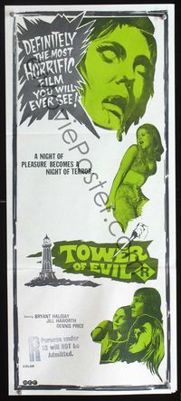 2q169 HORROR ON SNAPE ISLAND Aust daybill '72 Tower of Evil, a night of pleasure becomes terror!