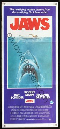 2q176 JAWS Aust daybill '75 art of of Spielberg's classic man-eating shark attacking sexy swimmer!