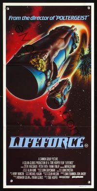 2q185 LIFEFORCE Aust daybill '85 Tobe Hooper, different art of naked girls bound to space missiles!