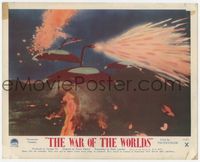 2q273 WAR OF THE WORLDS English FOH movie lobby card '53 great close image of war ships attacking!