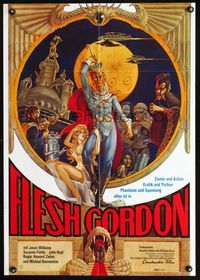 2q080 FLESH GORDON German poster '74 sexy sci-fi spoof, wacky erotic super hero art by George Barr!