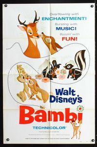 2r083 BAMBI style A one-sheet R75 Walt Disney cartoon deer classic, great image of forest animals!