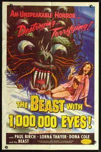2r091 BEAST WITH 1,000,000 EYES 1sh '55 great art of monster attacking sexy girl by Albert Kallis!