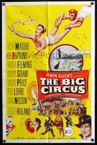 2r100 BIG CIRCUS one-sheet poster '59 cool art of trapeze artist David Nelson holding Kathryn Grant!