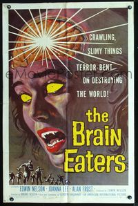 2r114 BRAIN EATERS one-sheet poster '58 Roger Corman, classic horror art of girl's brain exploding!