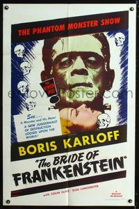 2r117 BRIDE OF FRANKENSTEIN one-sheet R53 cool close up artwork of Boris Karloff as the monster!