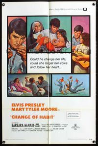 2r136 CHANGE OF HABIT one-sheet poster '69 art of Elvis Presley in various scenes, Mary Tyler Moore